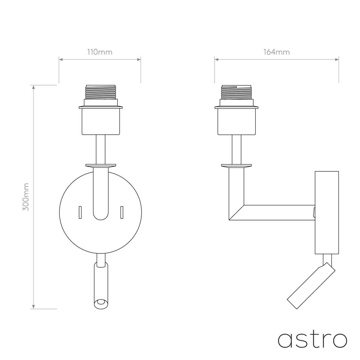 Technical drawing of a wall light with dimensions
