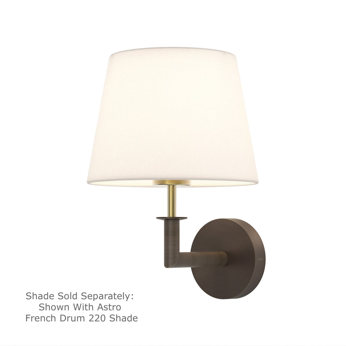 Wall light with a white fabric shade and a bronze-finished arm and circular base