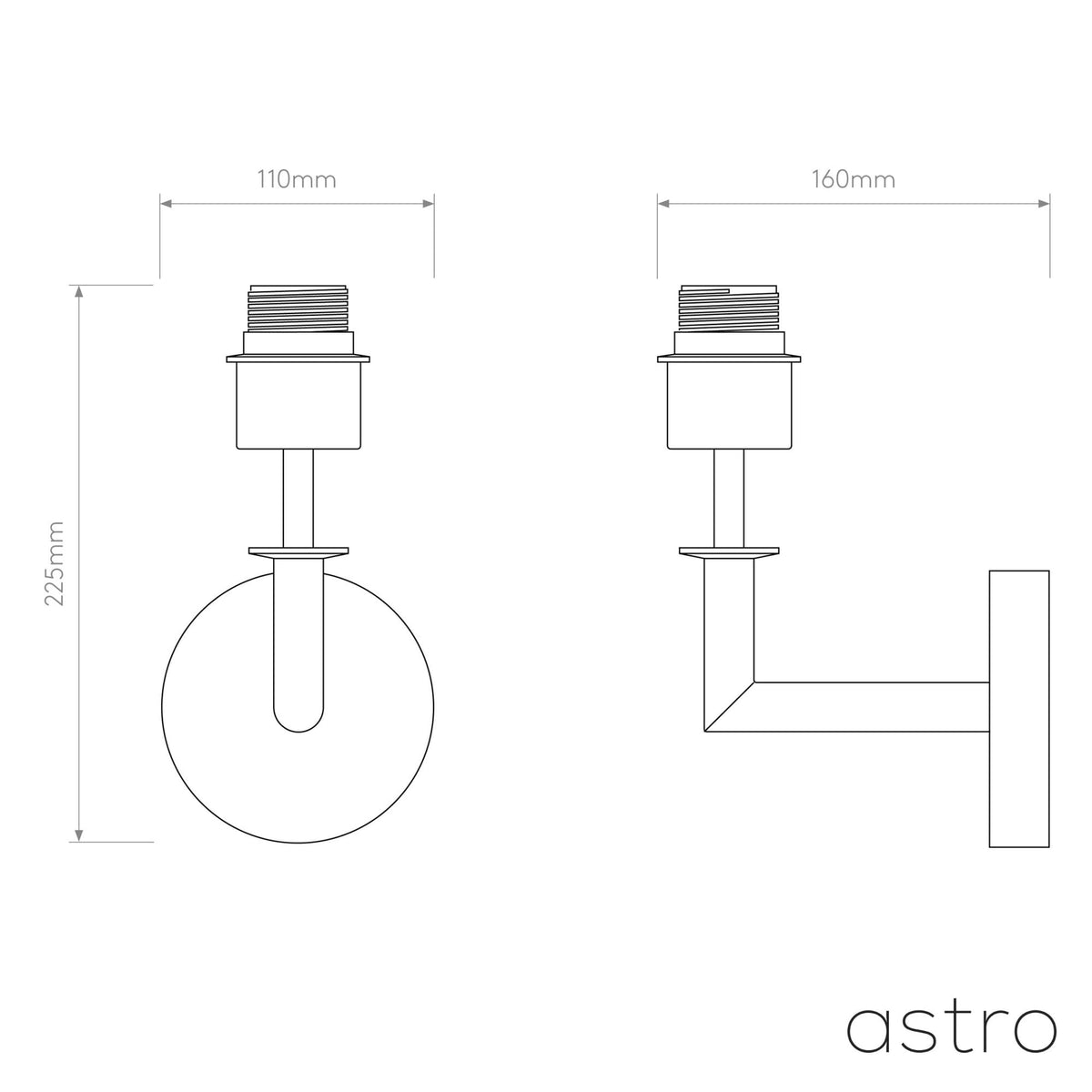 Technical drawing of a wall light with dimensions 225mm height, 110mm width, and 160mm depth