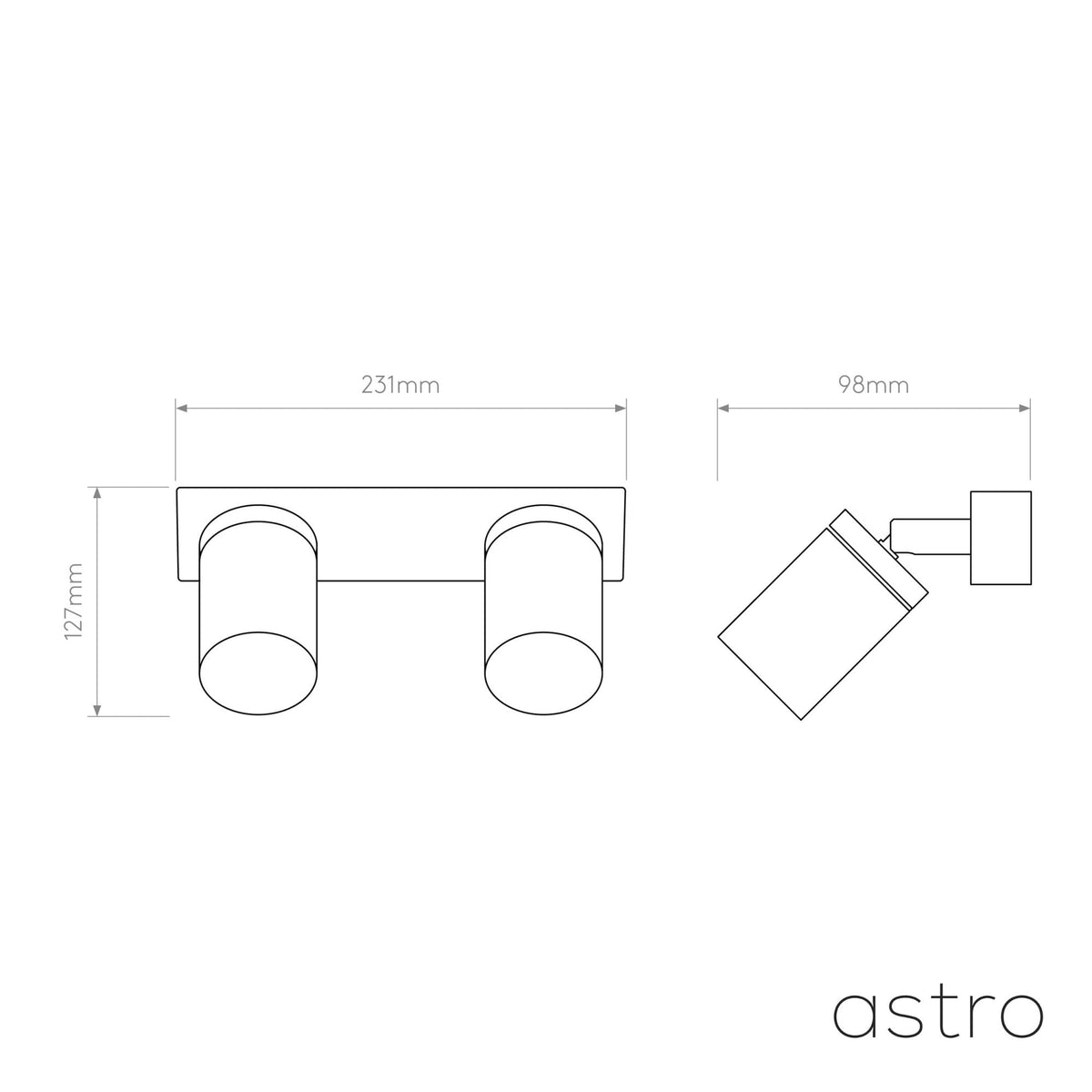 Astro logo with product dimensions. Front view shows 231mm width, 127mm height. Side view shows 98mm depth