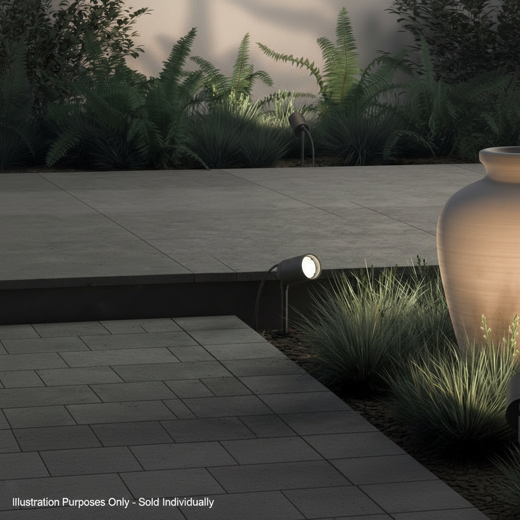 Outdoor lighting illuminating a garden path and plants