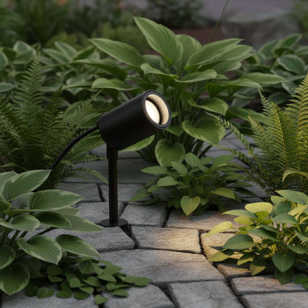 Black outdoor spotlight illuminating a stone path and green plants