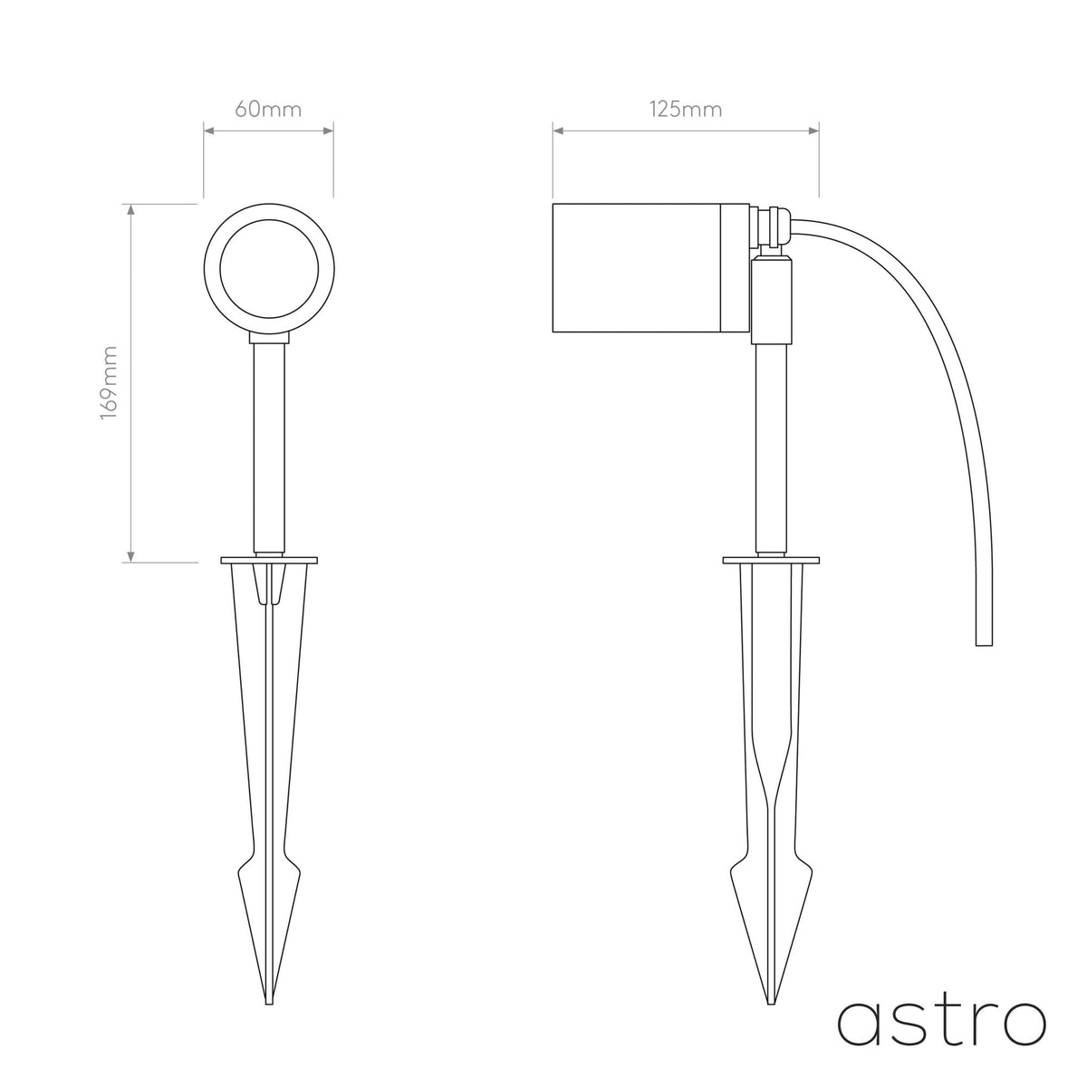 Technical drawing of a spike light with dimensions 169mm height, 60mm width, and 125mm depth