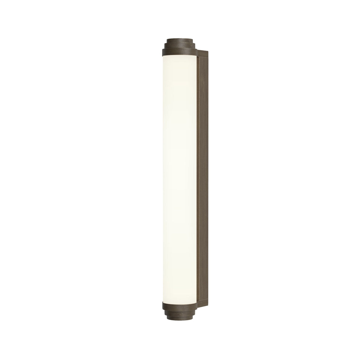 Vertical wall sconce with a rectangular brown base and a long, cylindrical white light fixture