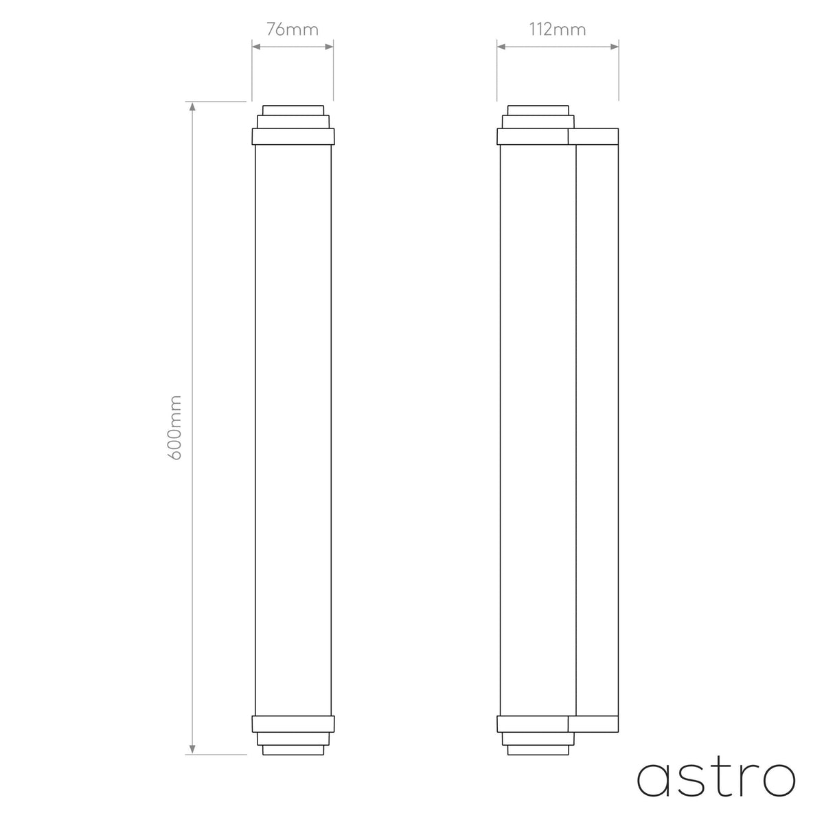 Technical drawing of a cylindrical light fixture with dimensions 600mm height, 76mm width, and 112mm depth
