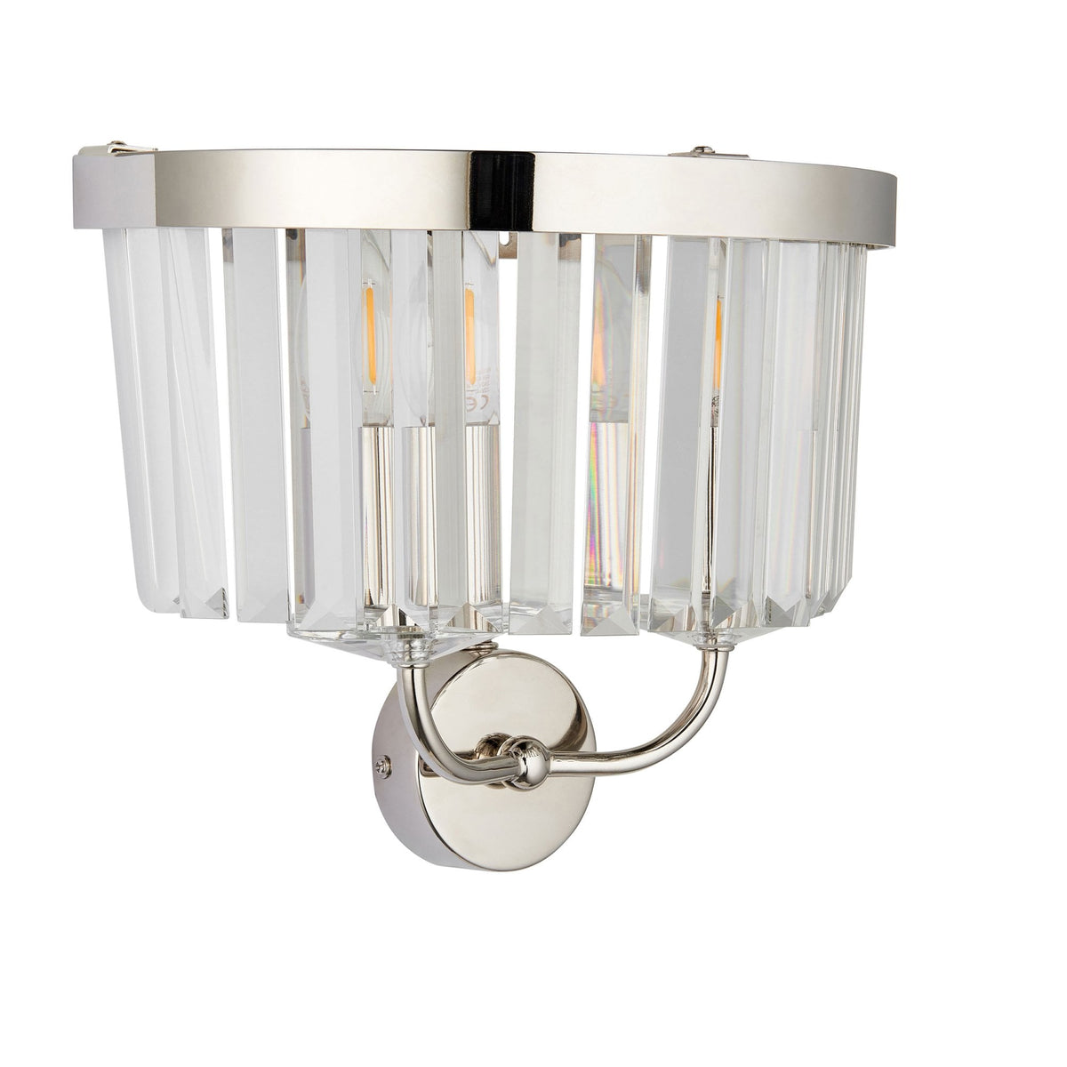 A close-up of a stylish chrome wall light featuring a shade made of vertical clear glass panels.