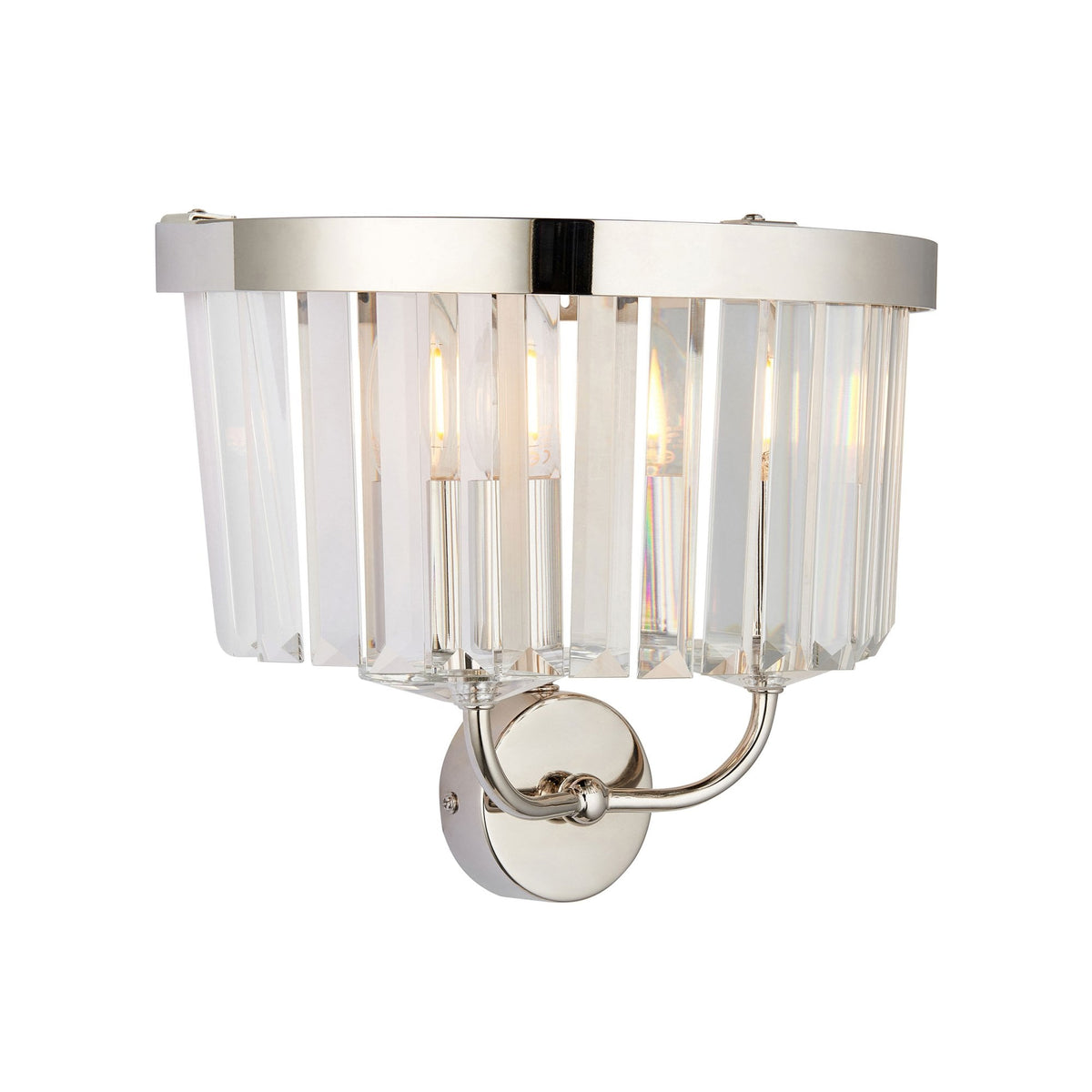 A sleek chrome and glass wall light, featuring a semi-circular design with vertical clear glass rods.