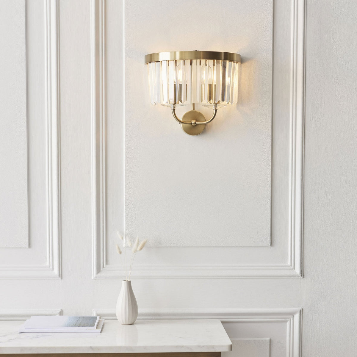 Yetminster Twin Lamp Wall Light in Antique Brass & Clear Cut Faceted Glass