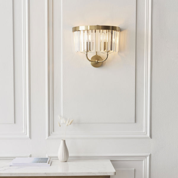 Yetminster Twin Lamp Wall Light in Antique Brass & Clear Cut Faceted Glass