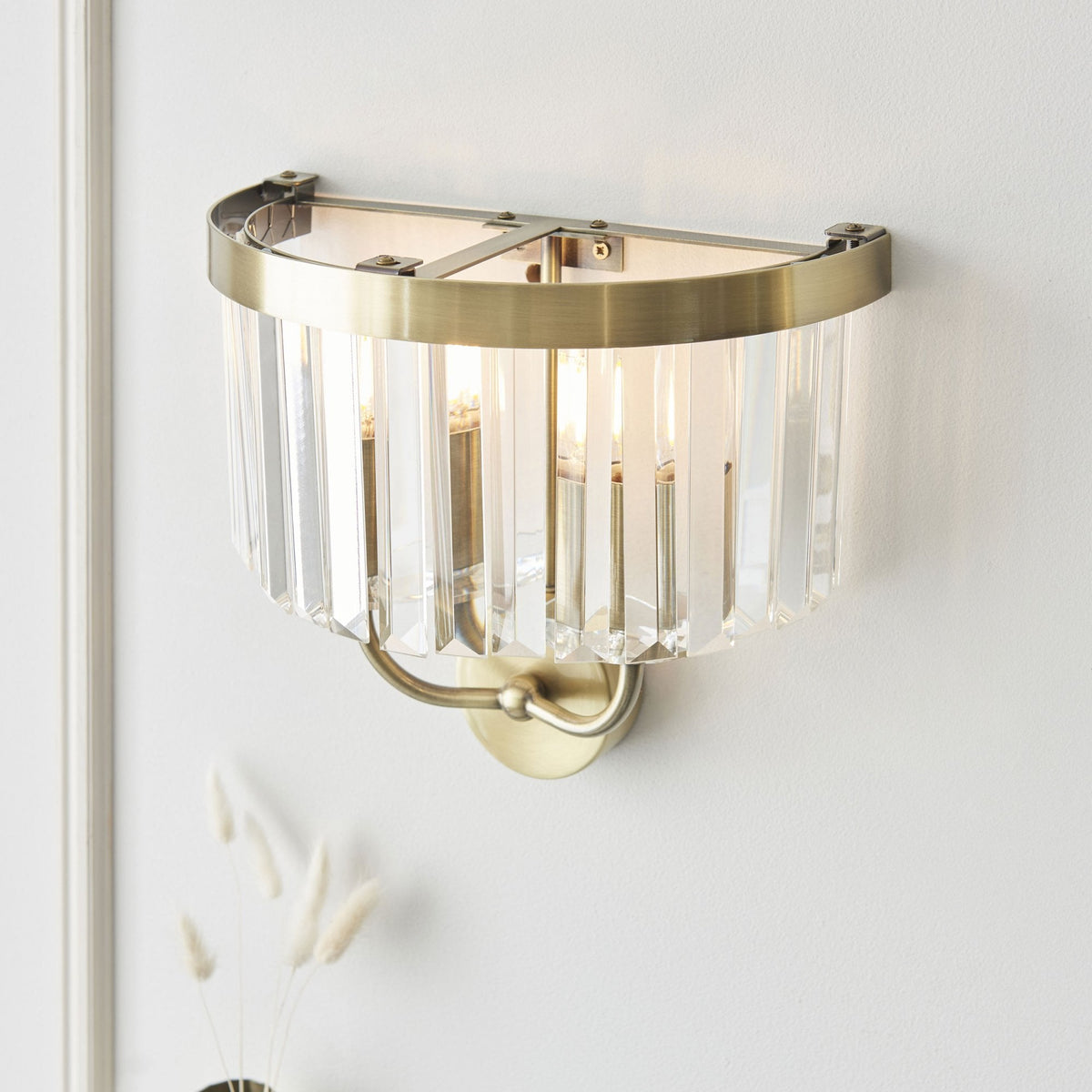 Yetminster Twin Lamp Wall Light in Antique Brass & Clear Cut Faceted Glass