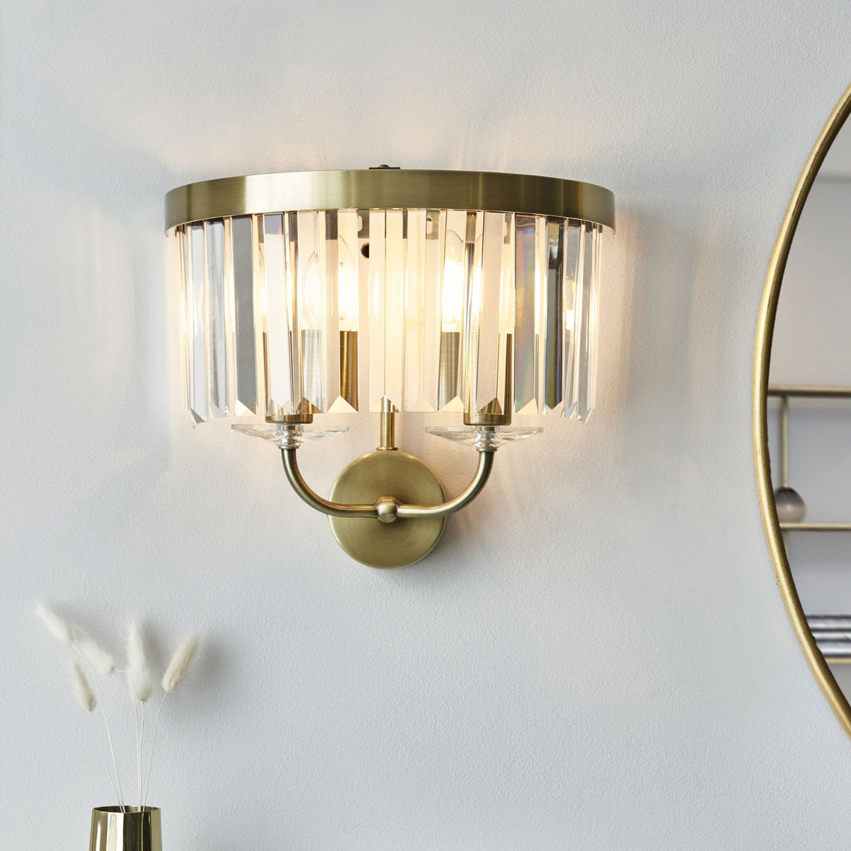 Yetminster Twin Lamp Wall Light in Antique Brass & Clear Cut Faceted Glass