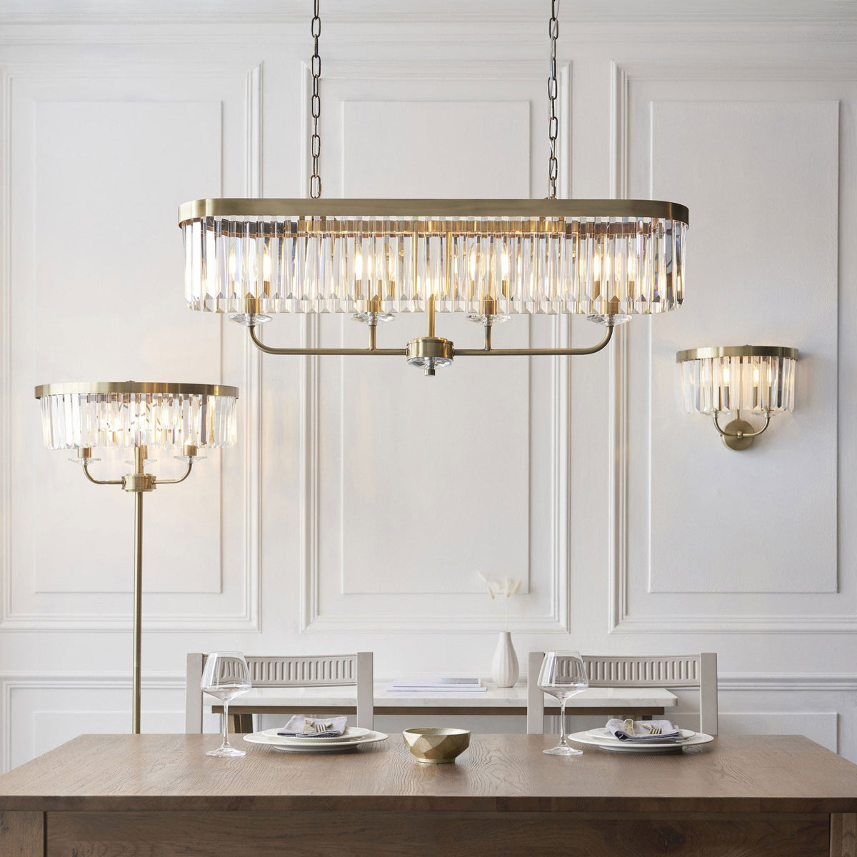 Yetminster Twin Lamp Wall Light in Antique Brass & Clear Cut Faceted Glass