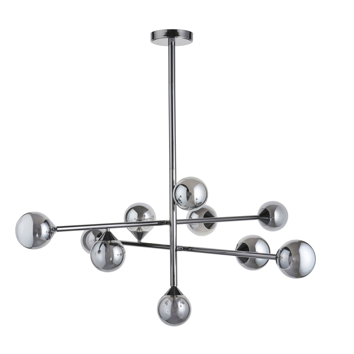 A modern chrome chandelier with multiple arms and spherical smoked glass shades, isolated on a white background.