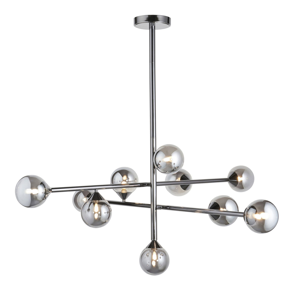 A contemporary chrome chandelier with nine smoked glass shades, spheres and teardrops, isolated on a white background.