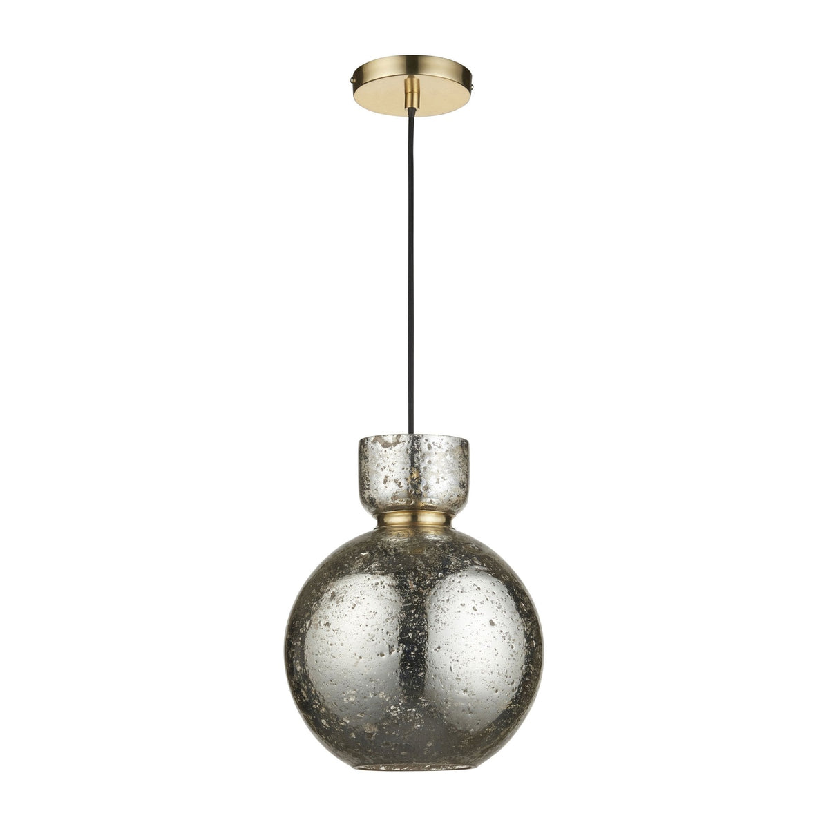 A modern silver and gold mercury glass pendant light with a sleek black cord and brass ceiling rose.