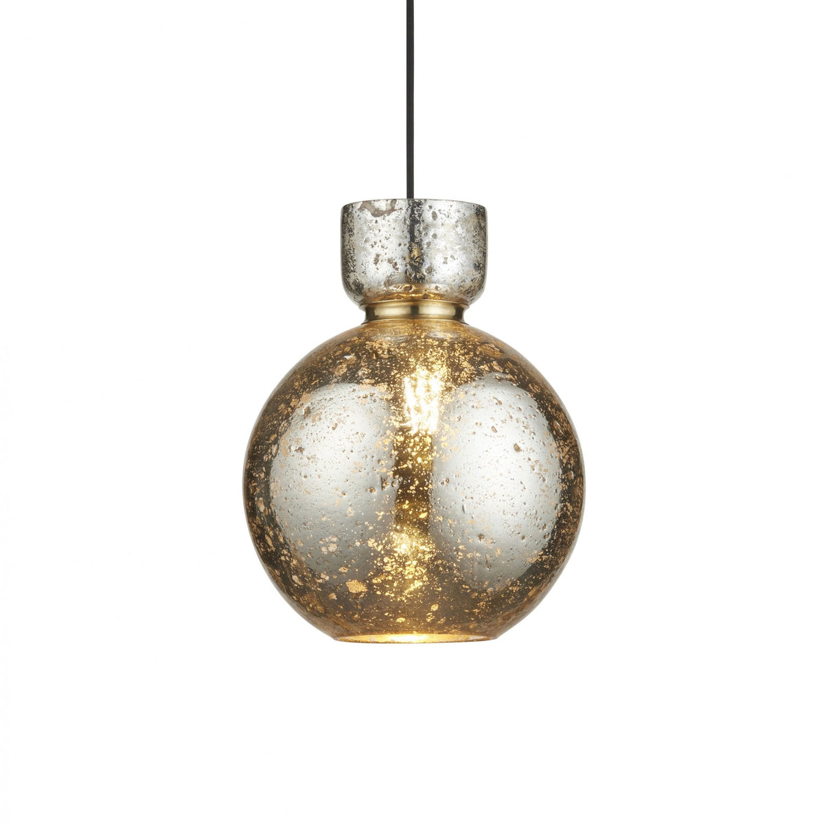 A striking mercury glass pendant light with a textured gold base and silver top, illuminated with a warm glow.
