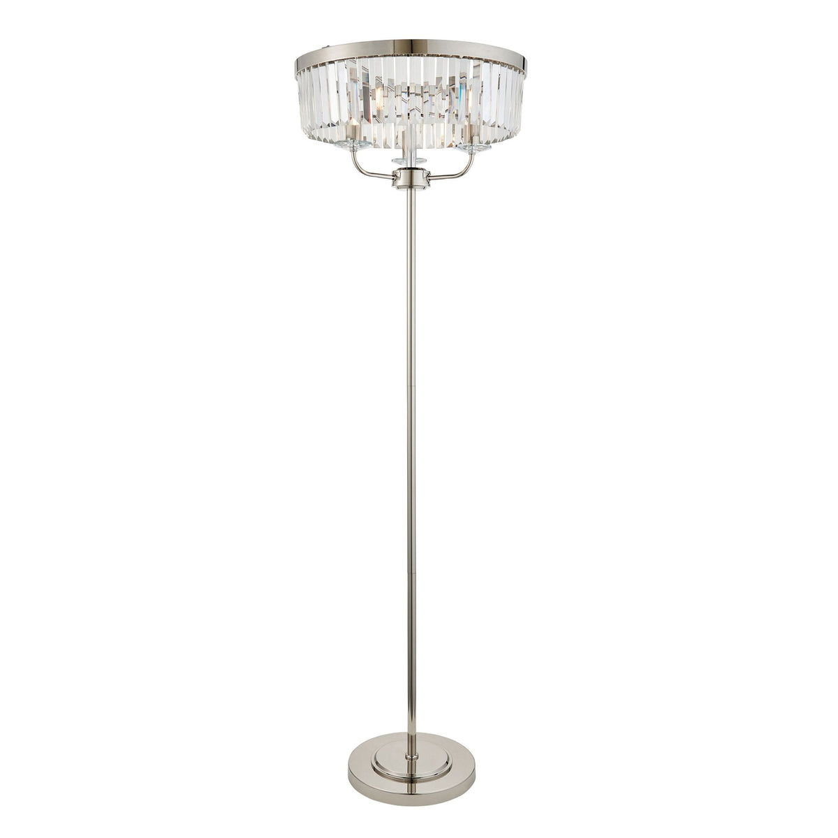 Un lampadaire classique avec une finition nickel brossé et un abat-jour en cristal texturé.