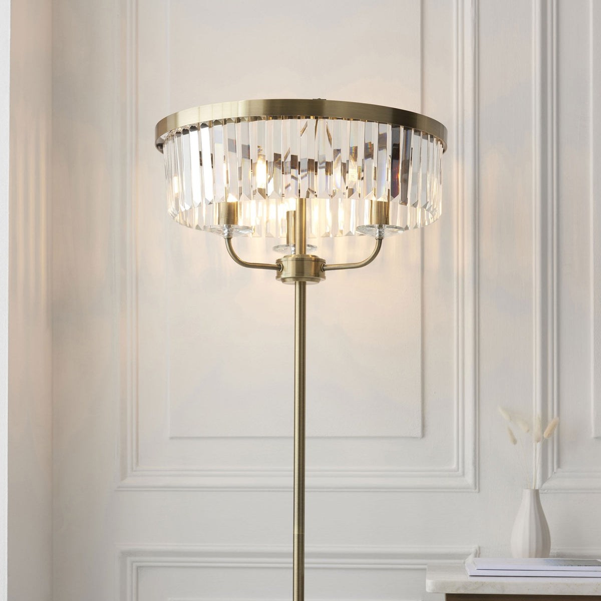 Yetminster 3 Light Floor Lamp in Antique Brass & Clear Cut Glass