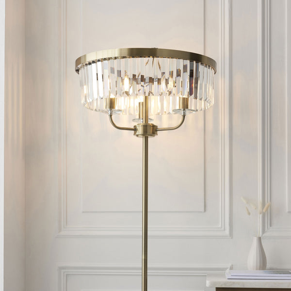 Yetminster 3 Light Floor Lamp in Antique Brass & Clear Cut Glass