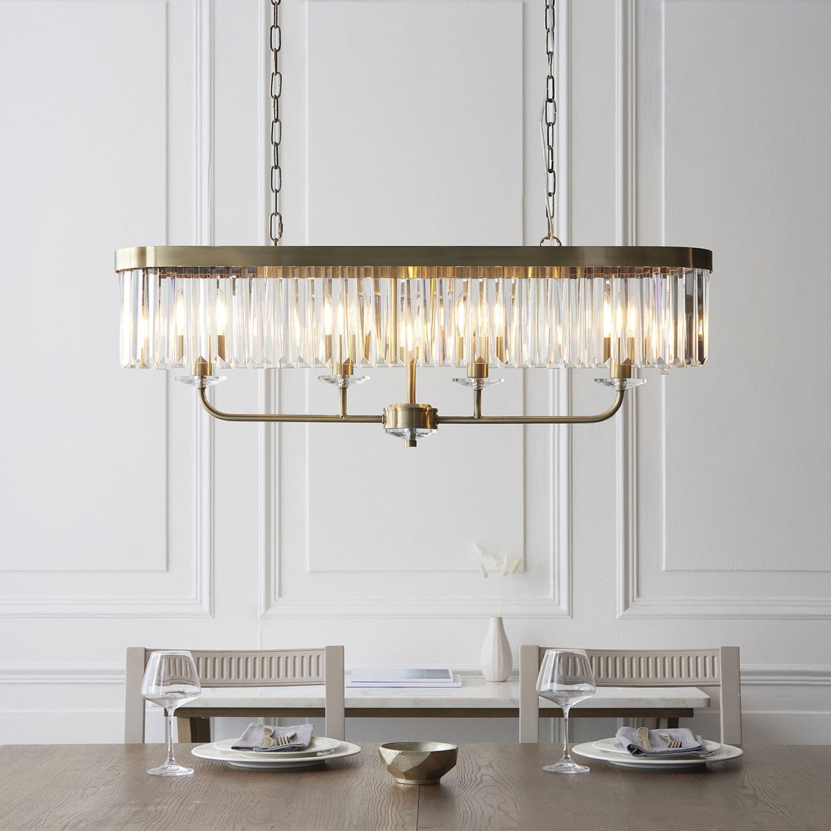 Yetminster 4 Light Linear Pendant in Antique Brass & Clear Cut Glass