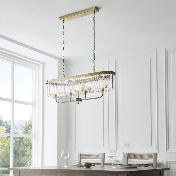 Yetminster 4 Light Linear Pendant in Antique Brass & Clear Cut Glass