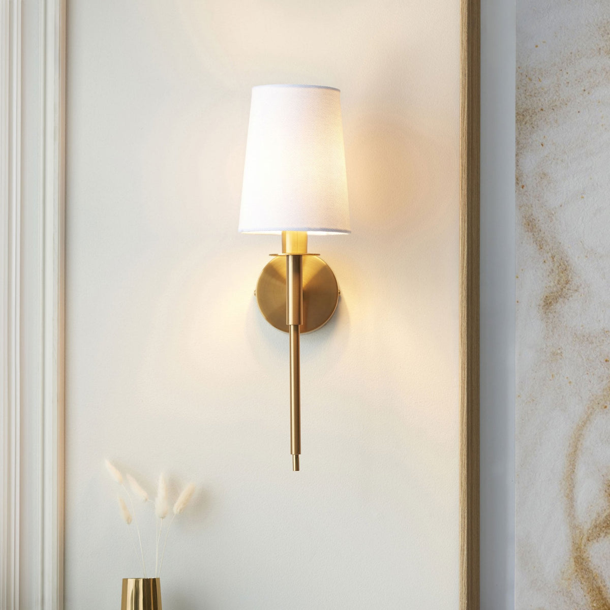 Warmwell Wall Light in Vintage Brass & White Shade