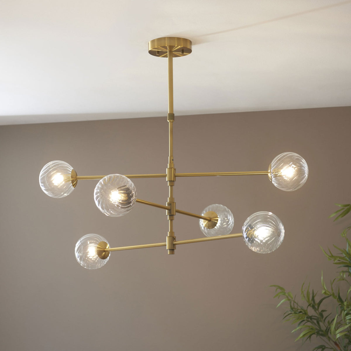 Selston Six Light Tiered Pendant in Brushed Aged Brass with Clear Twisted Pattern Glass