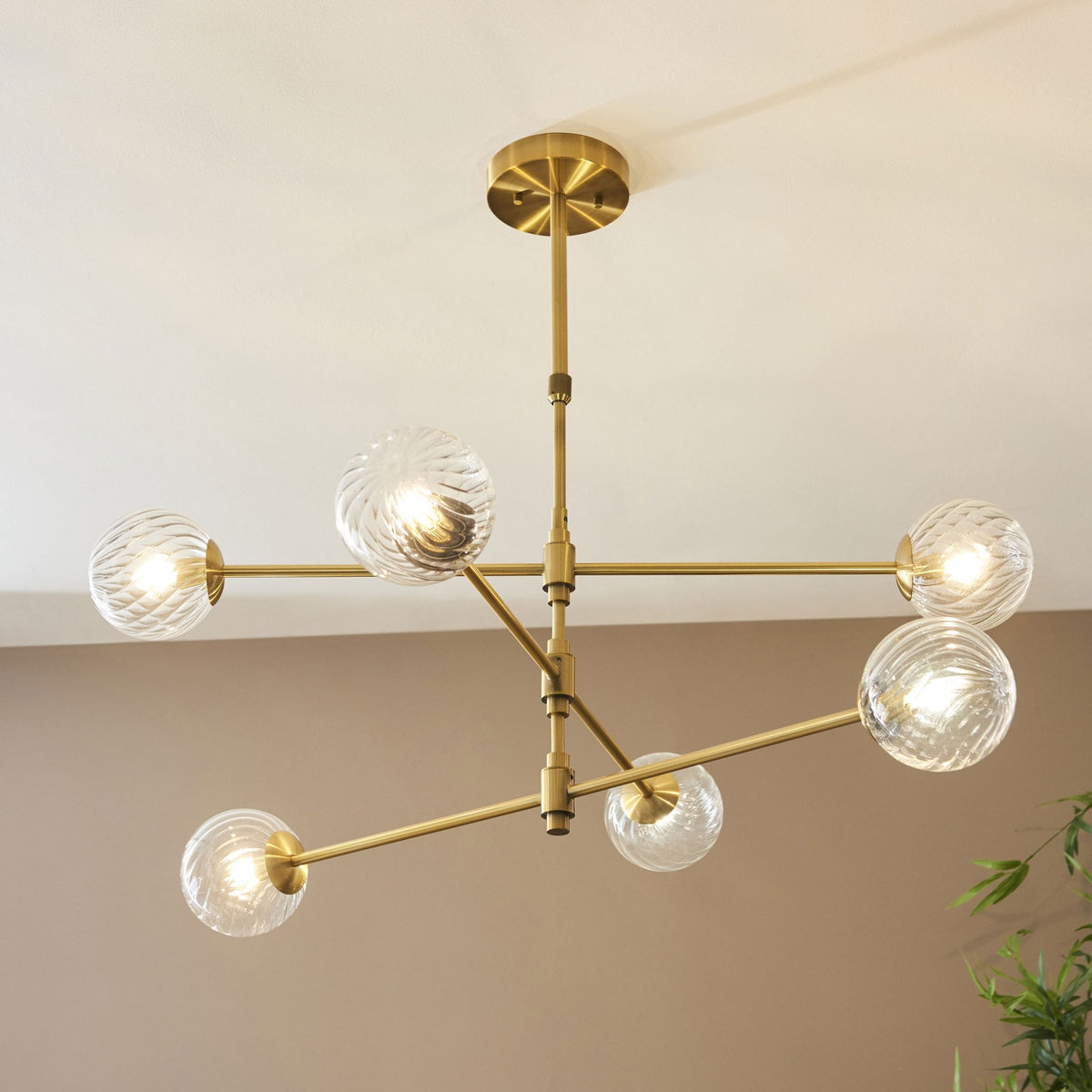 Selston Six Light Tiered Pendant in Brushed Aged Brass with Clear Twisted Pattern Glass