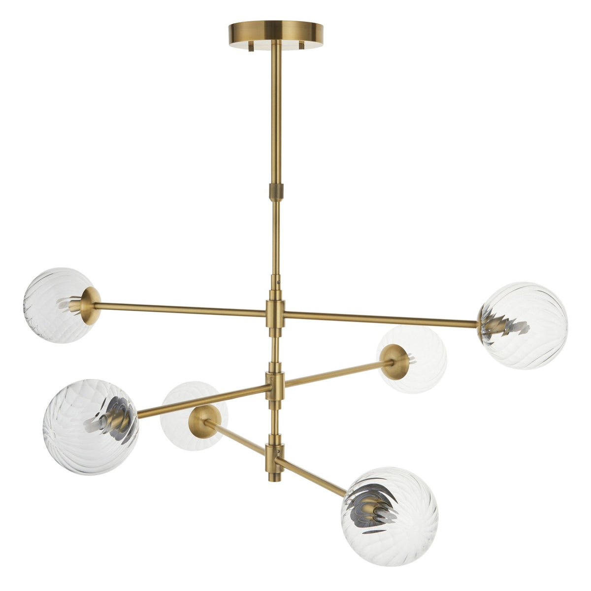 Selston Six Light Tiered Pendant in Brushed Aged Brass with Clear Twisted Pattern Glass