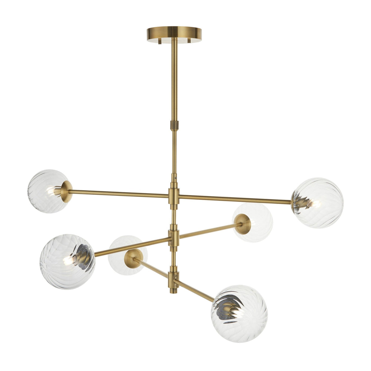 Selston Six Light Tiered Pendant in Brushed Aged Brass with Clear Twisted Pattern Glass