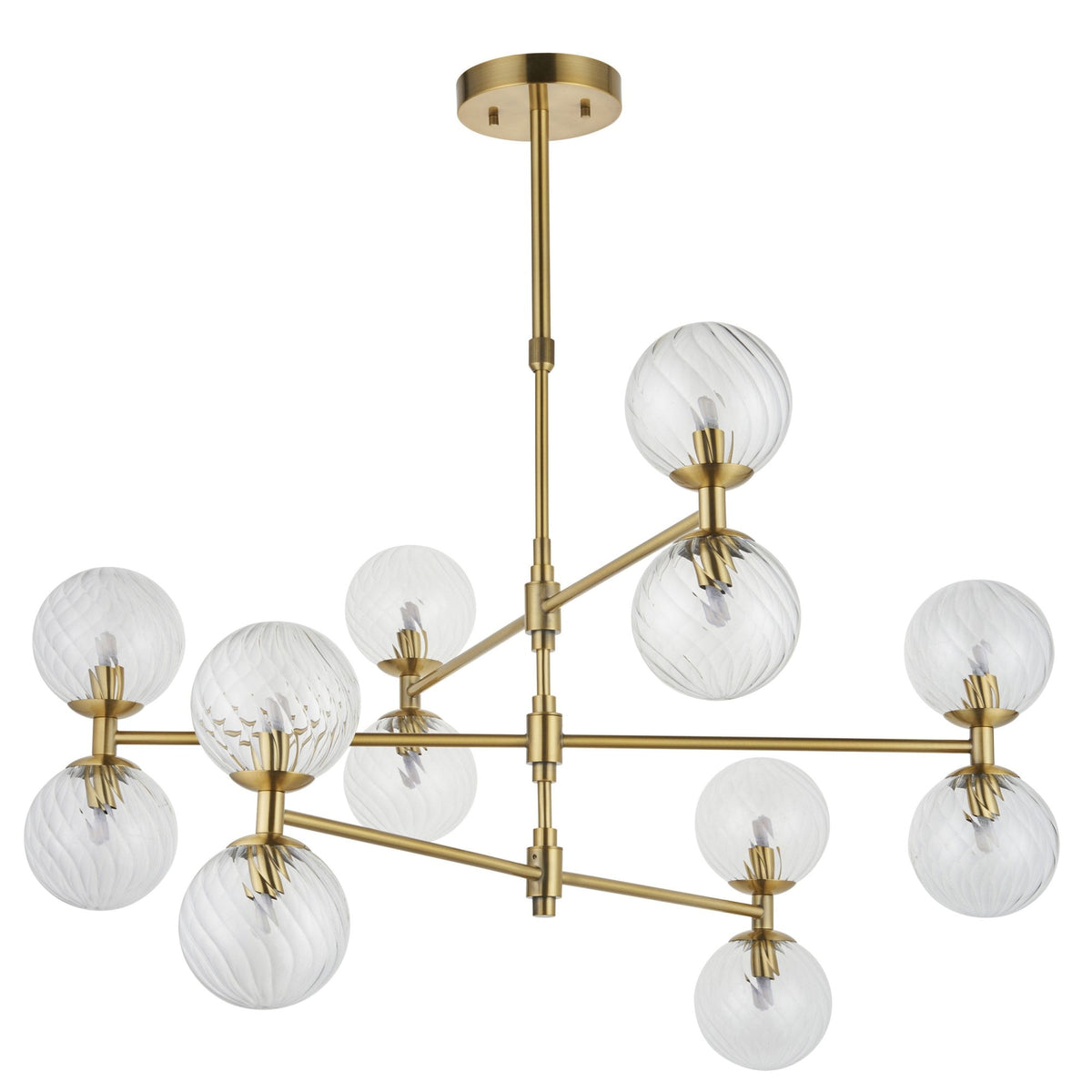 Selston Twelve Light Tiered Pendant in Brushed Aged Brass with Clear Twisted Pattern Glass