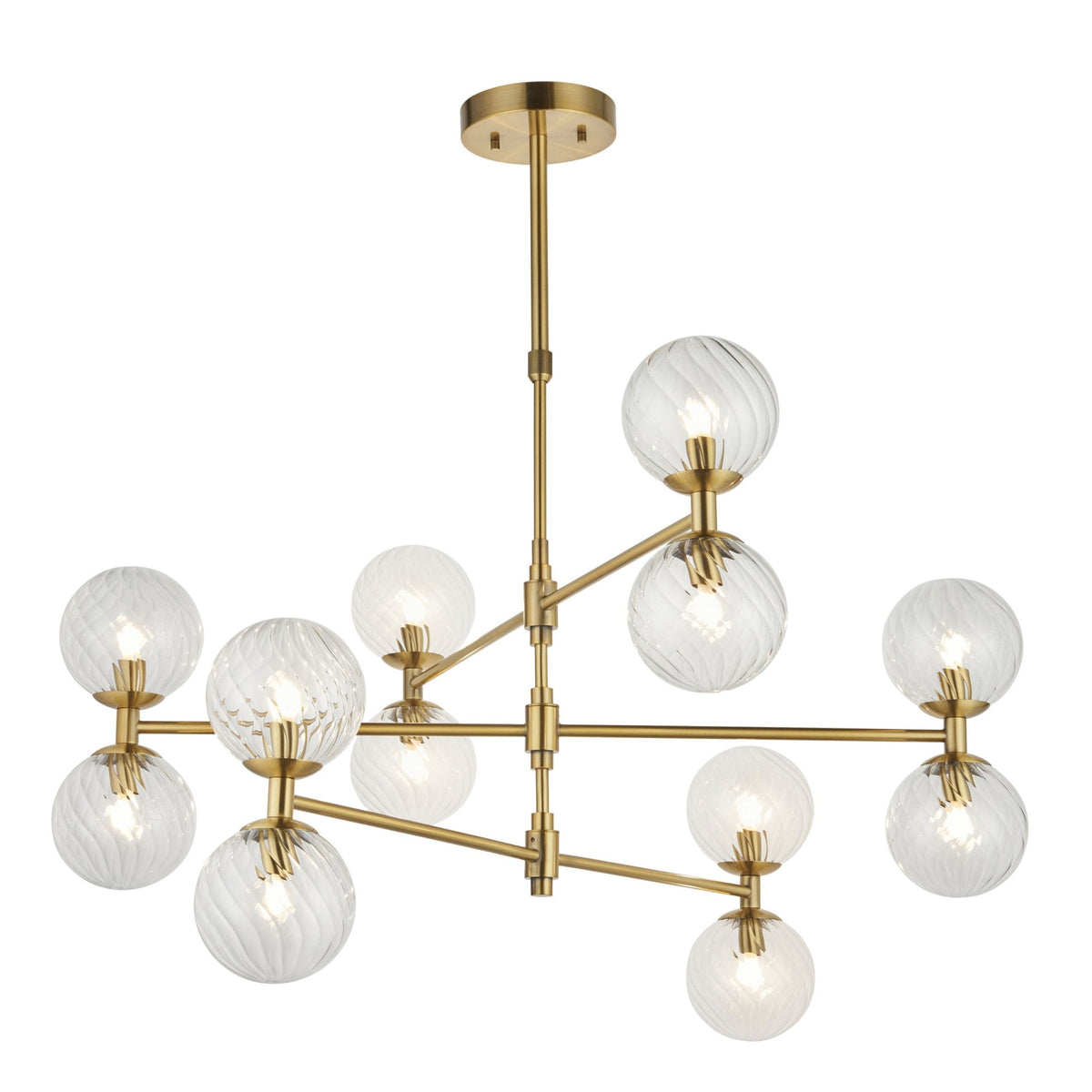 Selston Twelve Light Tiered Pendant in Brushed Aged Brass with Clear Twisted Pattern Glass