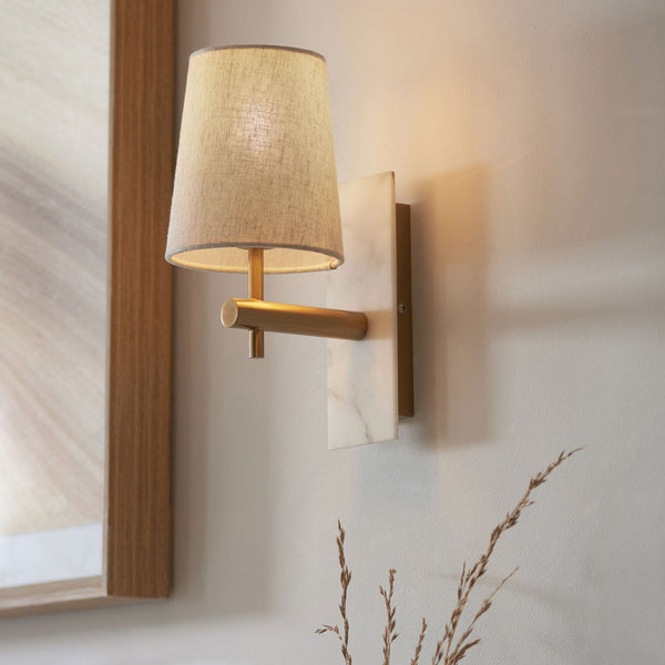 Meden Wall Light in Vintage Brass & White Marble with Tapered Fabric Shade