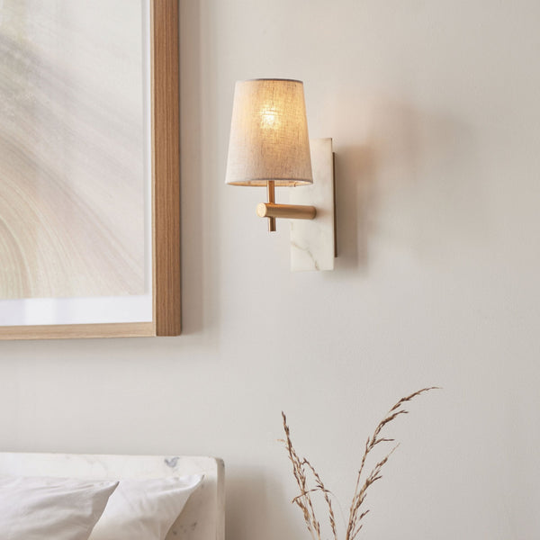 Meden Wall Light in Vintage Brass & White Marble with Tapered Fabric Shade