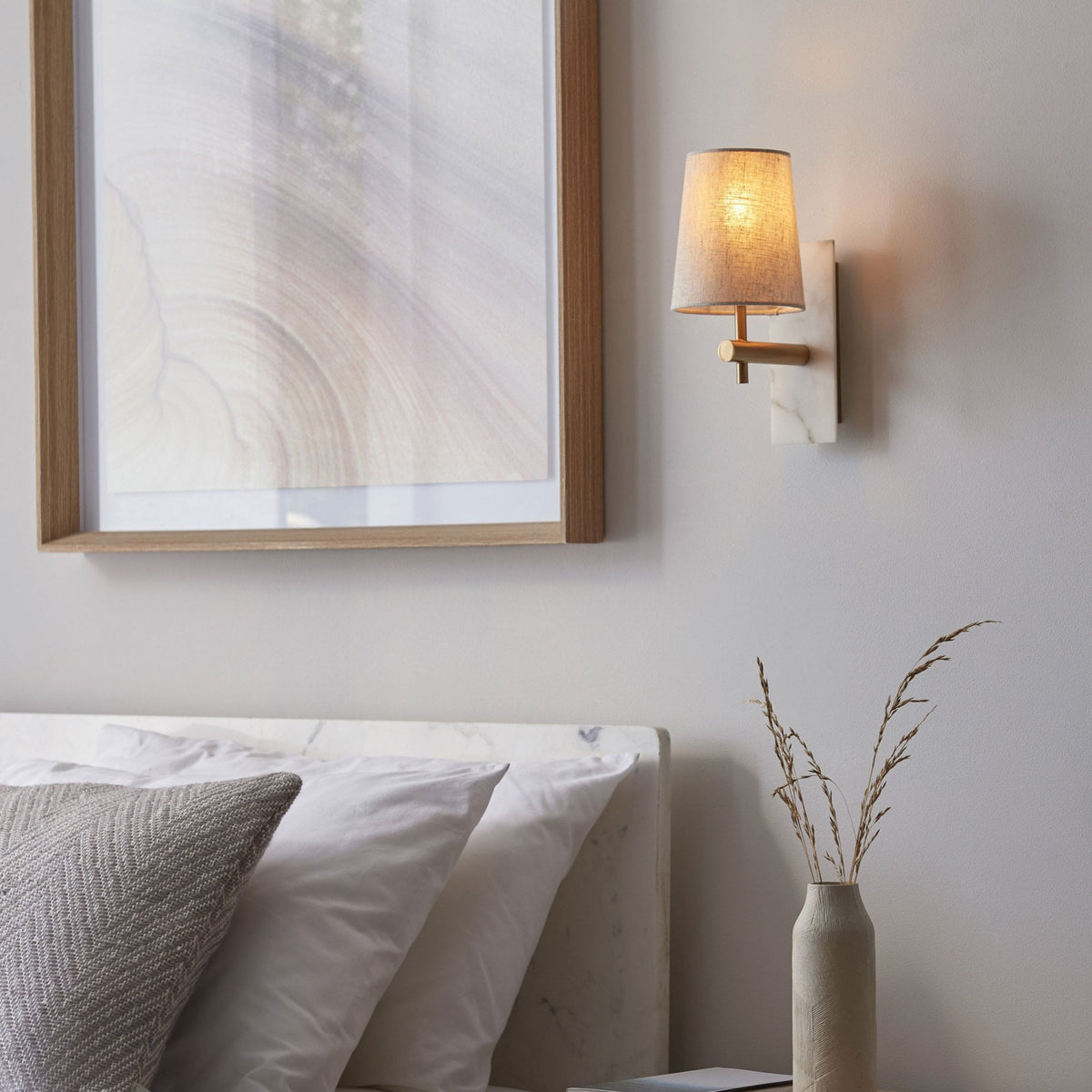 Meden Wall Light in Vintage Brass & White Marble with Tapered Fabric Shade