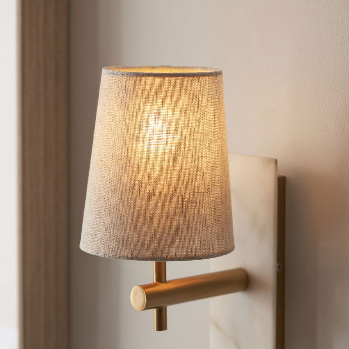 Meden Wall Light in Vintage Brass & White Marble with Tapered Fabric Shade