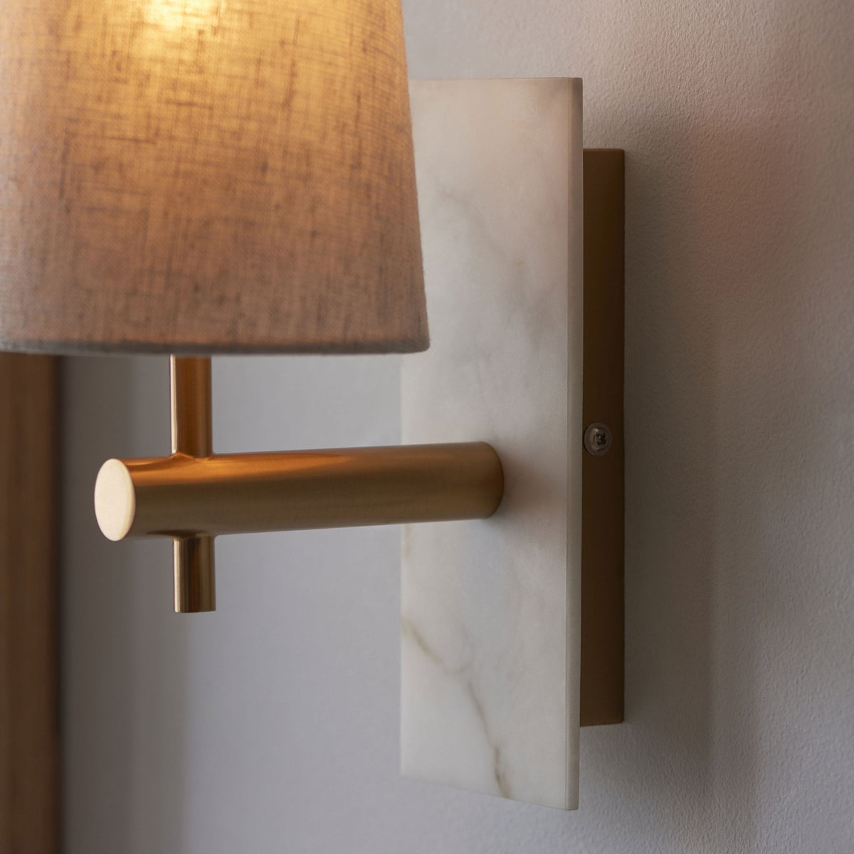 Meden Wall Light in Vintage Brass & White Marble with Tapered Fabric Shade