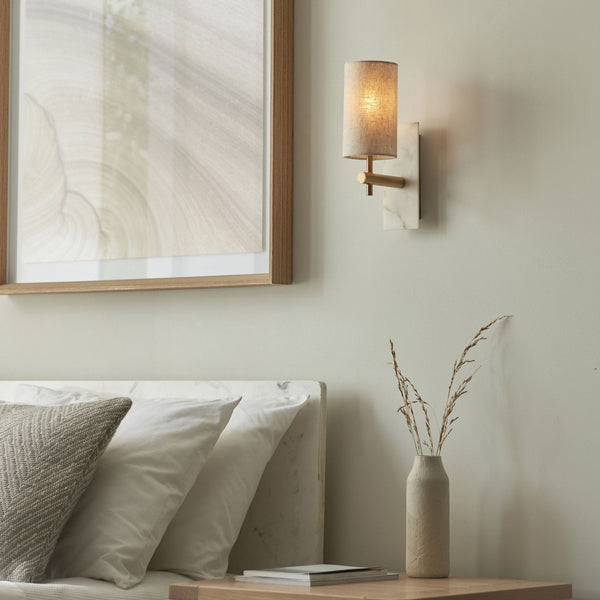 Meden Wall Light in Vintage Brass & White Marble with Cylindrical Fabric Shade