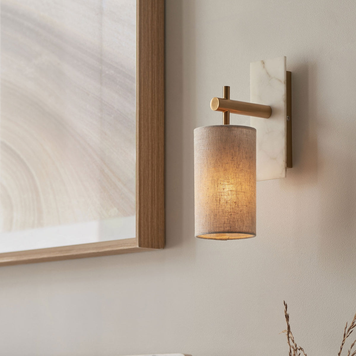 Meden Wall Light in Vintage Brass & White Marble with Cylindrical Fabric Shade