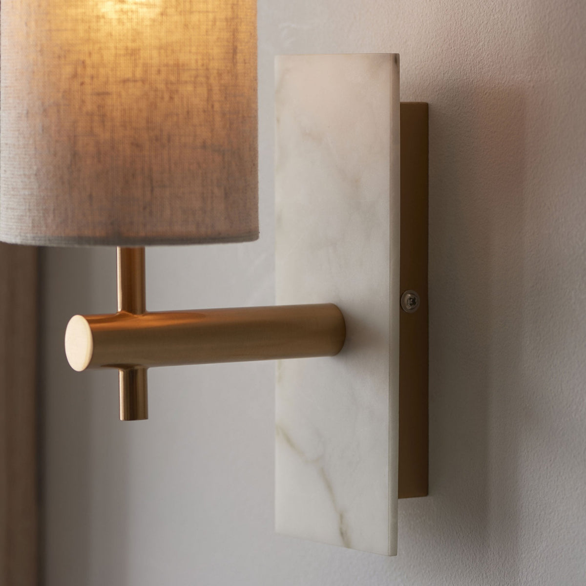 Meden Wall Light in Vintage Brass & White Marble with Cylindrical Fabric Shade