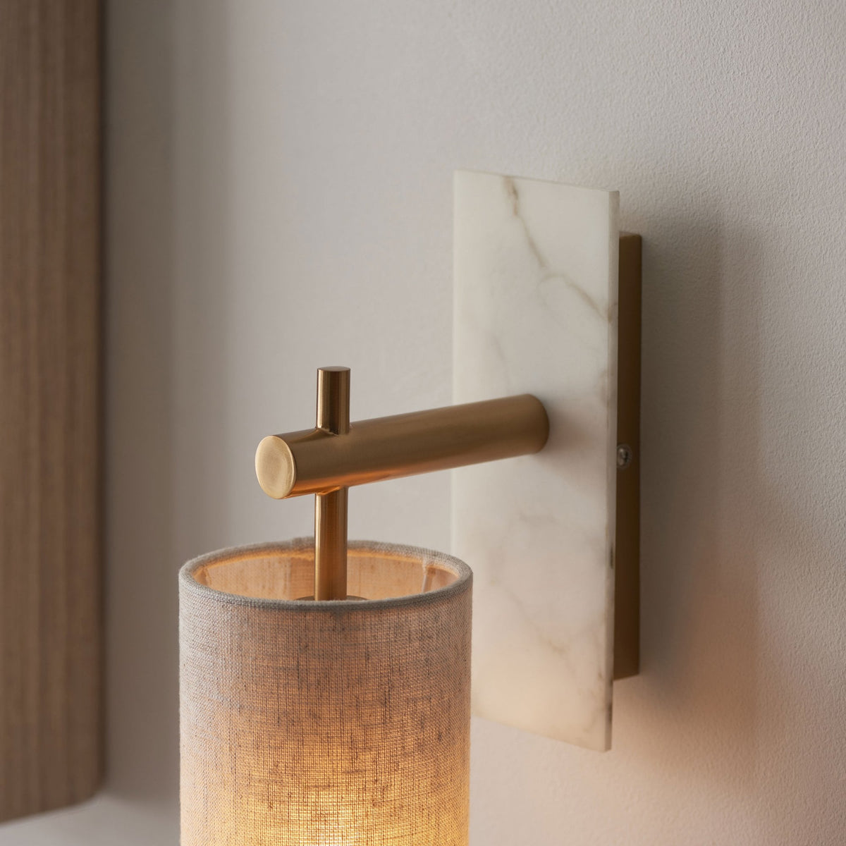 Meden Wall Light in Vintage Brass & White Marble with Cylindrical Fabric Shade