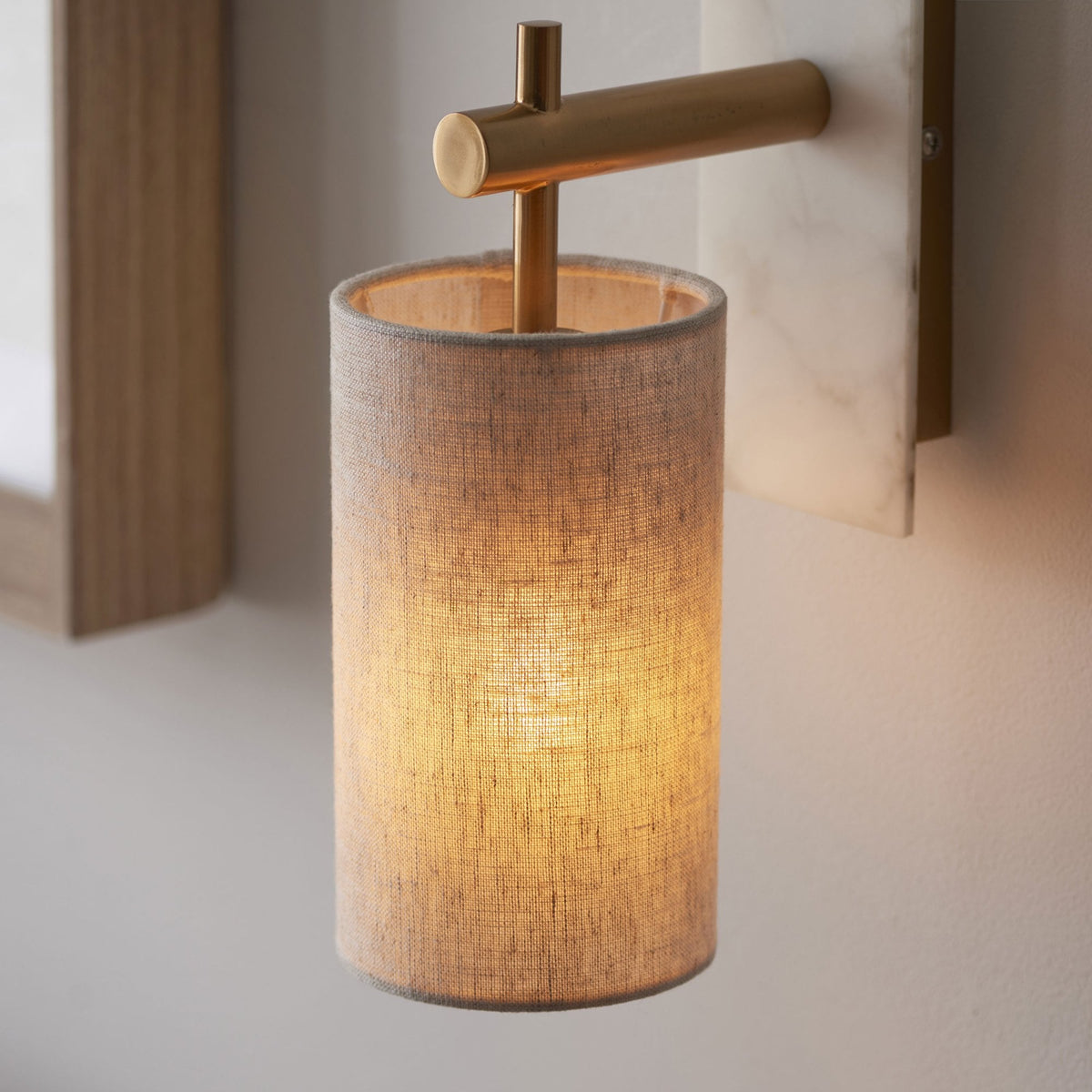 Meden Wall Light in Vintage Brass & White Marble with Cylindrical Fabric Shade