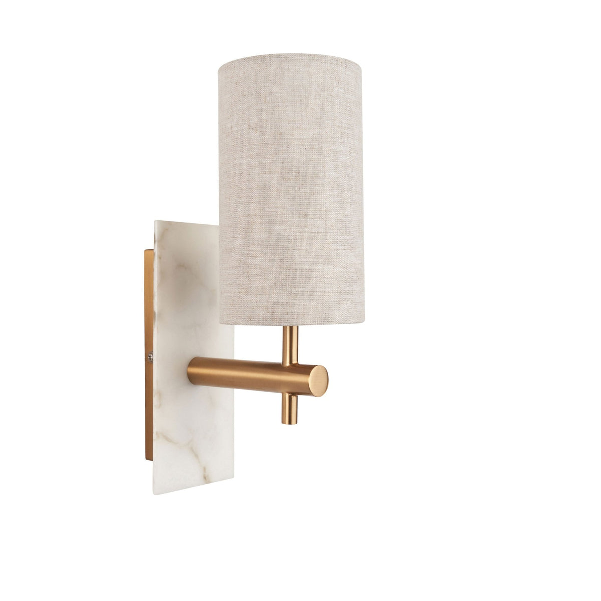 Meden Wall Light in Vintage Brass & White Marble with Cylindrical Fabric Shade