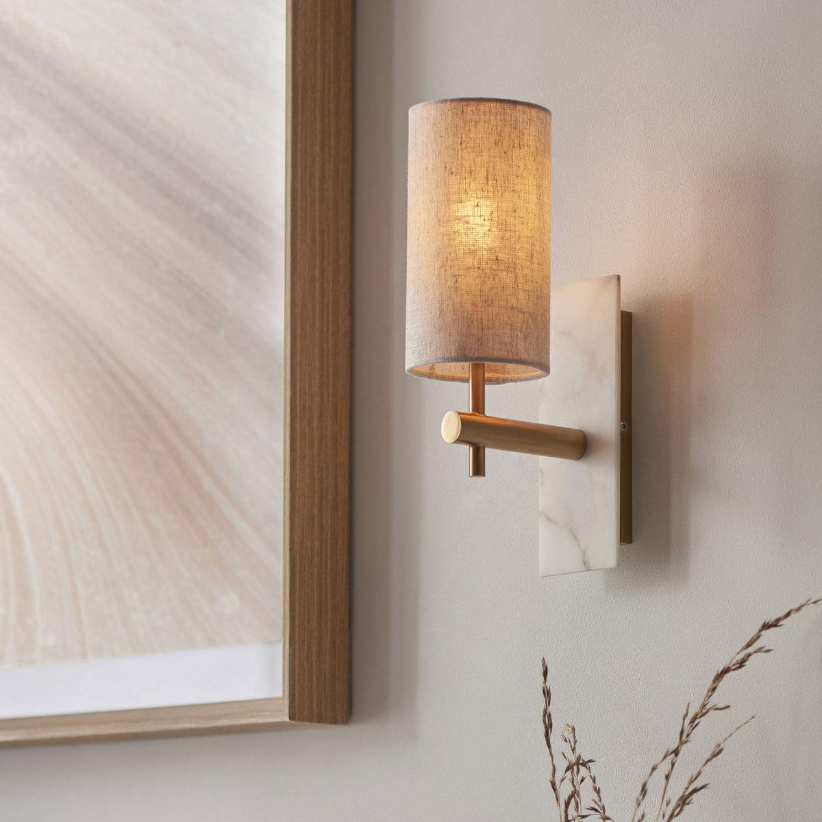 Meden Wall Light in Vintage Brass & White Marble with Cylindrical Fabric Shade