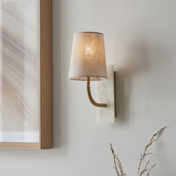 Meden Curve Wall Light in Vintage Brass & White Marble with Tapered Fabric Shade