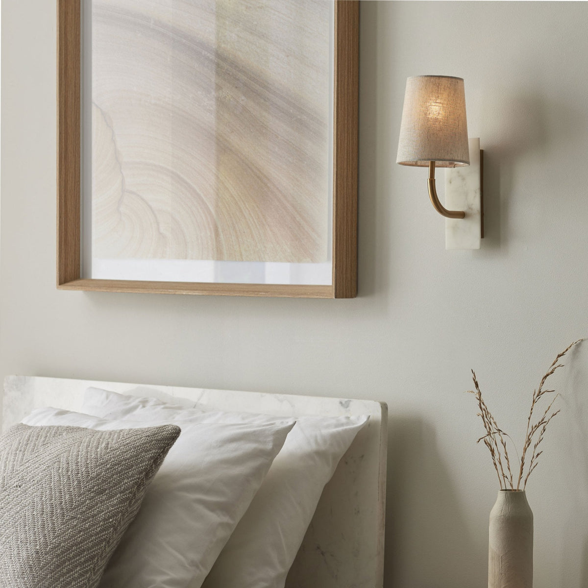 Meden Curve Wall Light in Vintage Brass & White Marble with Tapered Fabric Shade