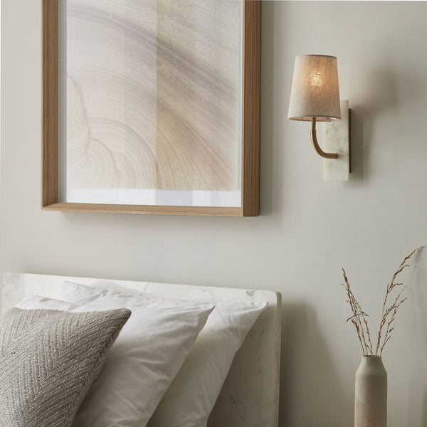 Meden Curve Wall Light in Vintage Brass & White Marble with Tapered Fabric Shade