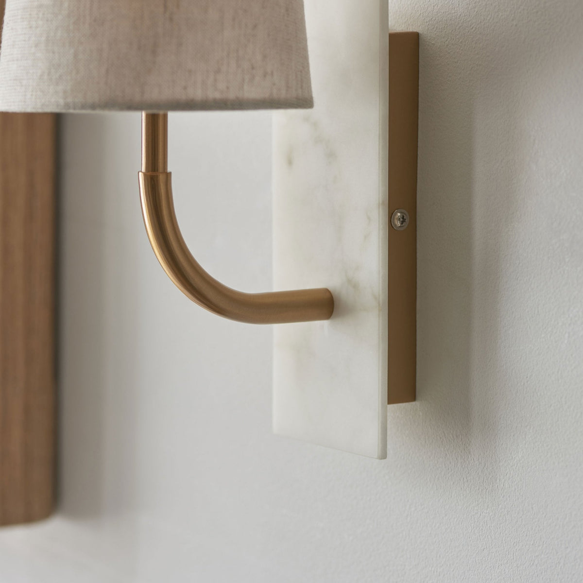 Meden Curve Wall Light in Vintage Brass & White Marble with Tapered Fabric Shade