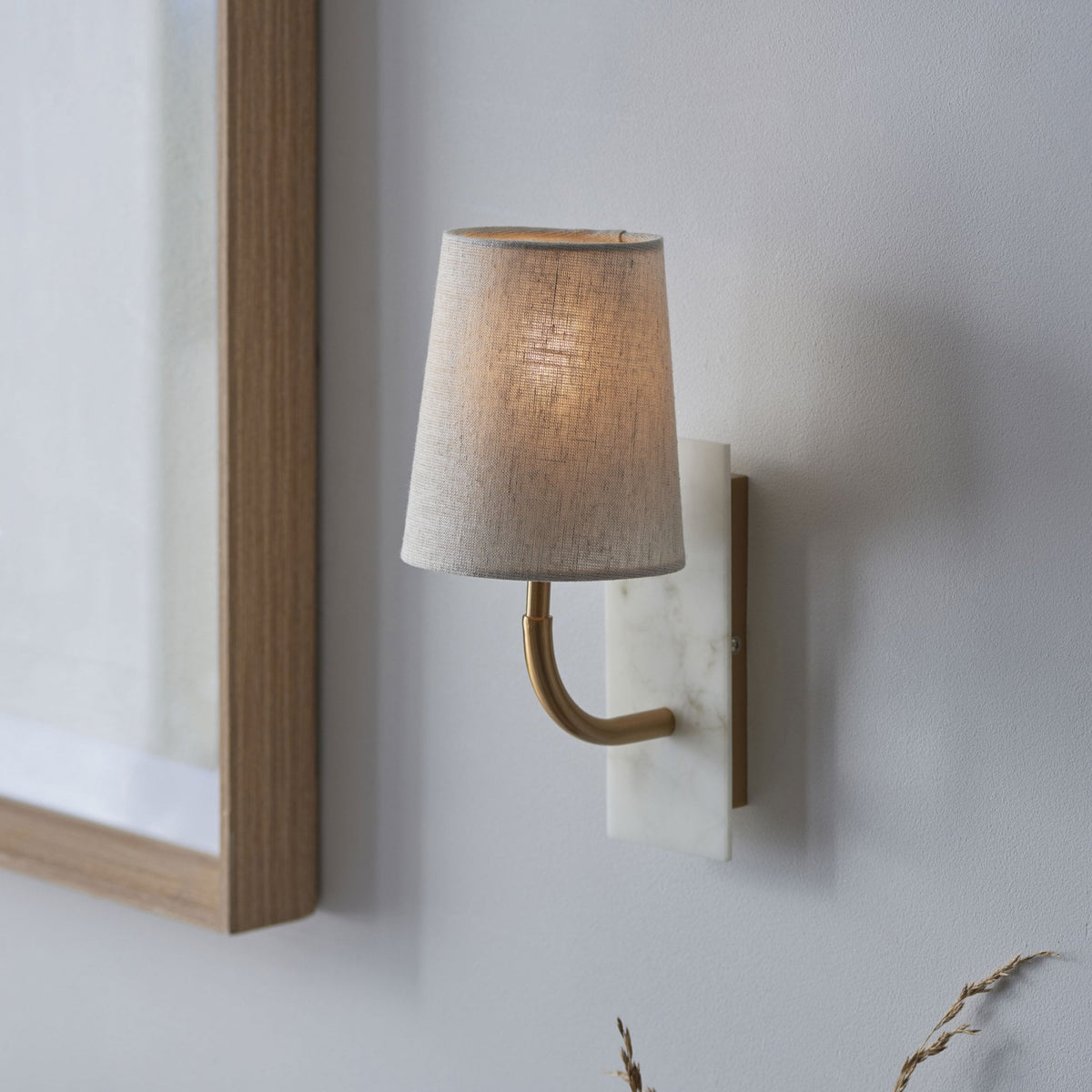 Meden Curve Wall Light in Vintage Brass & White Marble with Tapered Fabric Shade