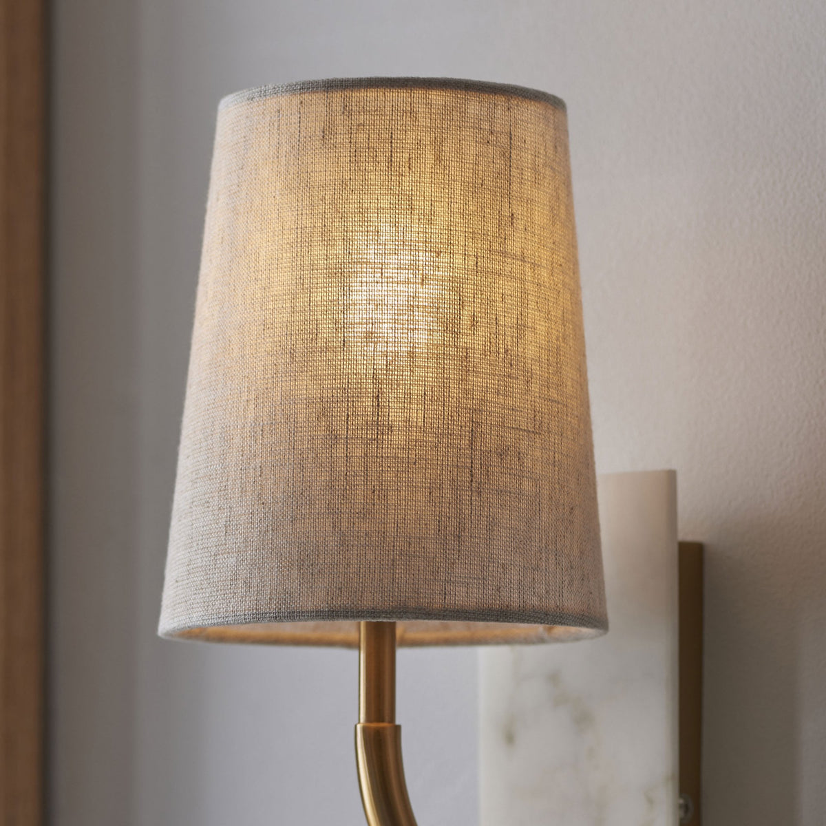 Meden Curve Wall Light in Vintage Brass & White Marble with Tapered Fabric Shade